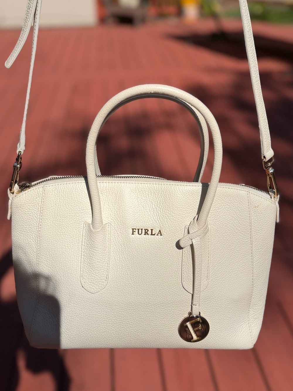 Furla White Leather Satchel with Gold Accent